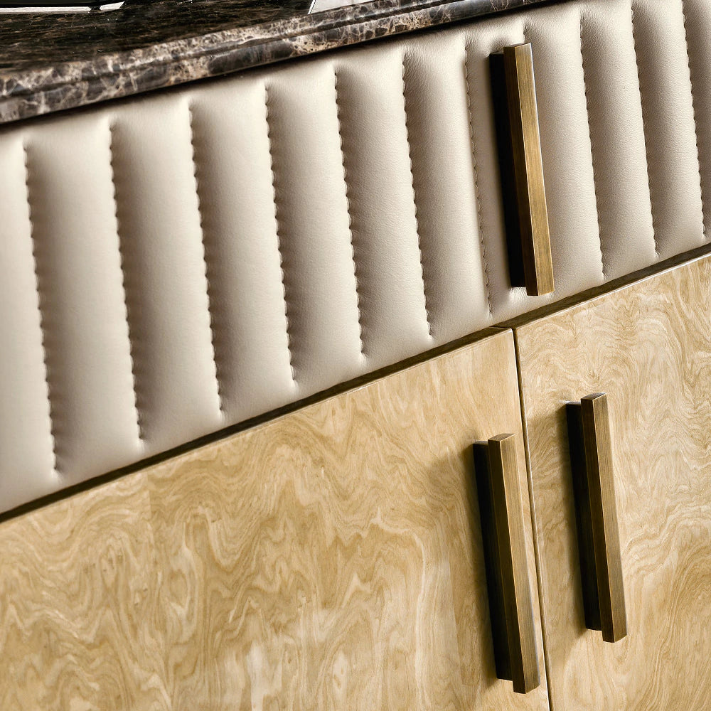 Designer Italian Leather and Burl Veneer Sideboard