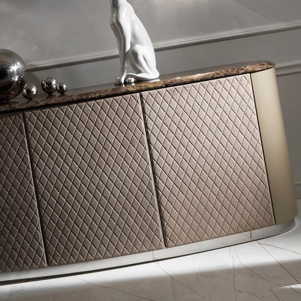 Curved High-End Lacquered Quilted Leather Sideboard – 3 Doors