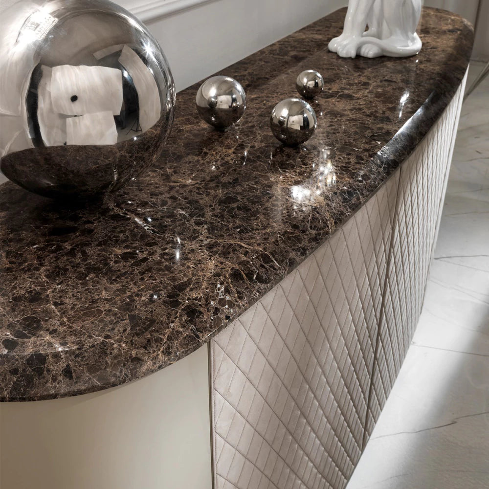 Curved High-End Lacquered Quilted Leather Sideboard – 3 Doors