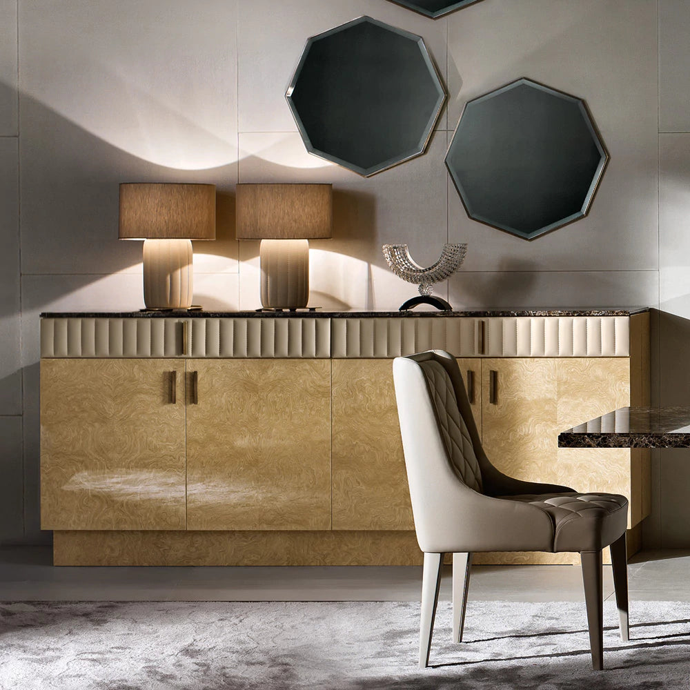 Designer Italian Leather and Burl Veneer Sideboard