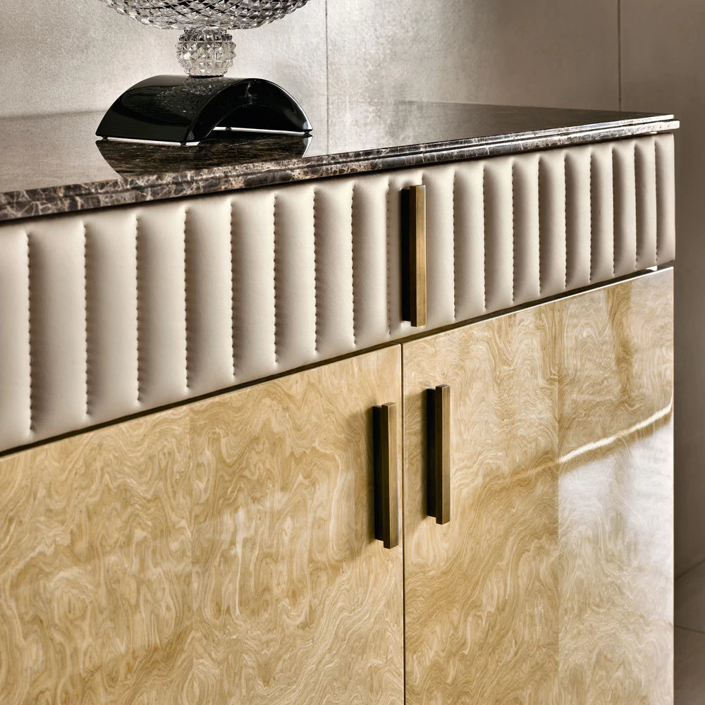 Designer Italian Leather and Burl Veneer Sideboard