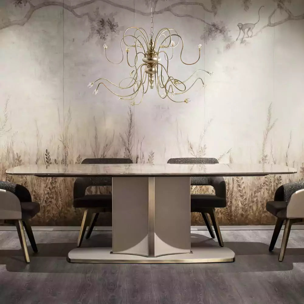 Italian Marble and Leather Designer Rectangular Dining Table