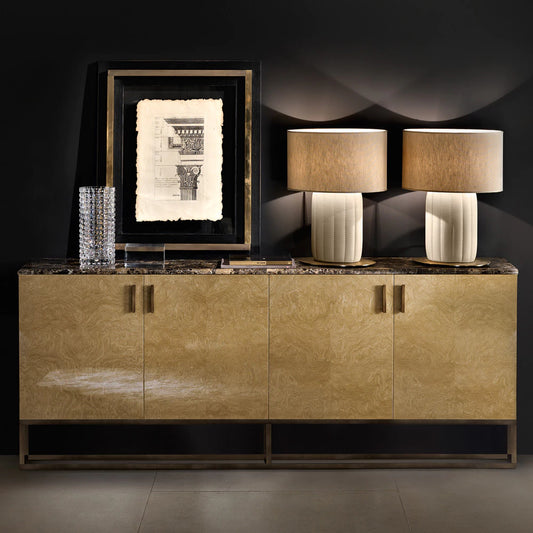 Marble and Burl Veneer Designer Italian Sideboard