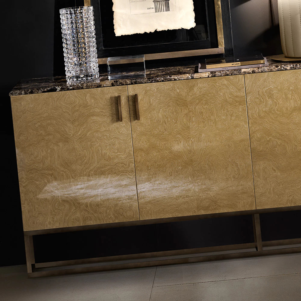 Marble and Burl Veneer Designer Italian Sideboard